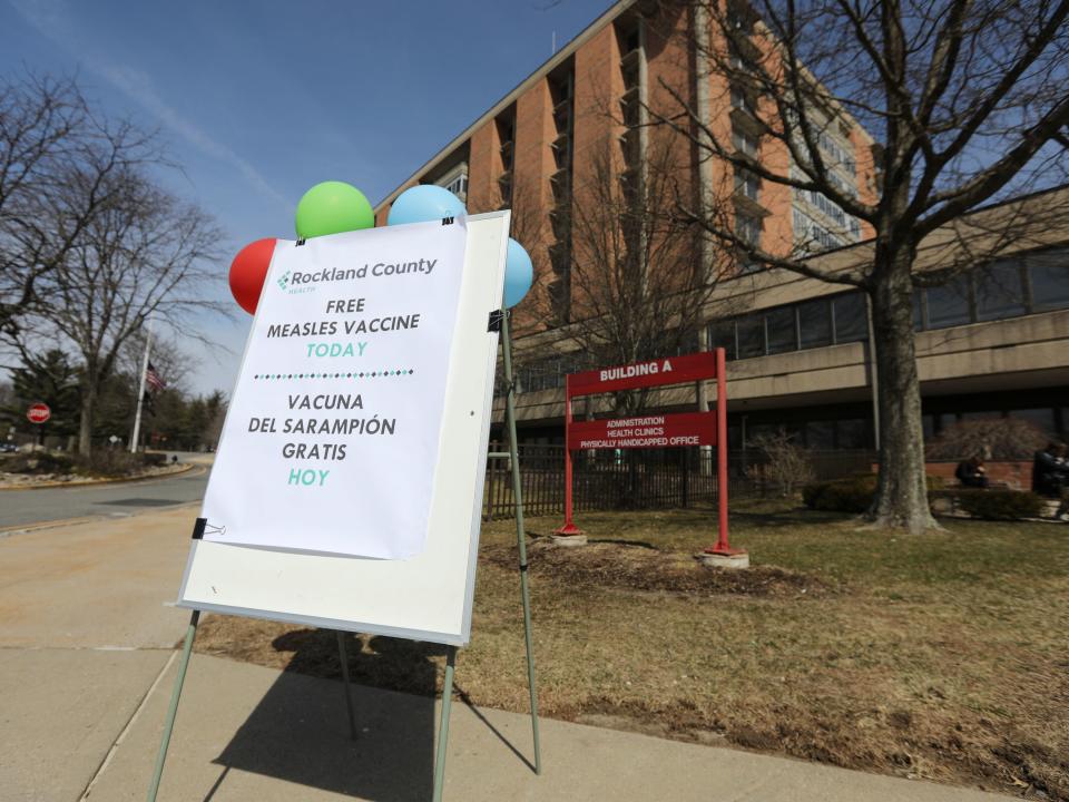 A measles vaccine sign outside the Robert L. Yeager health complex in Pomona on Wednesday, March 27, 2019.