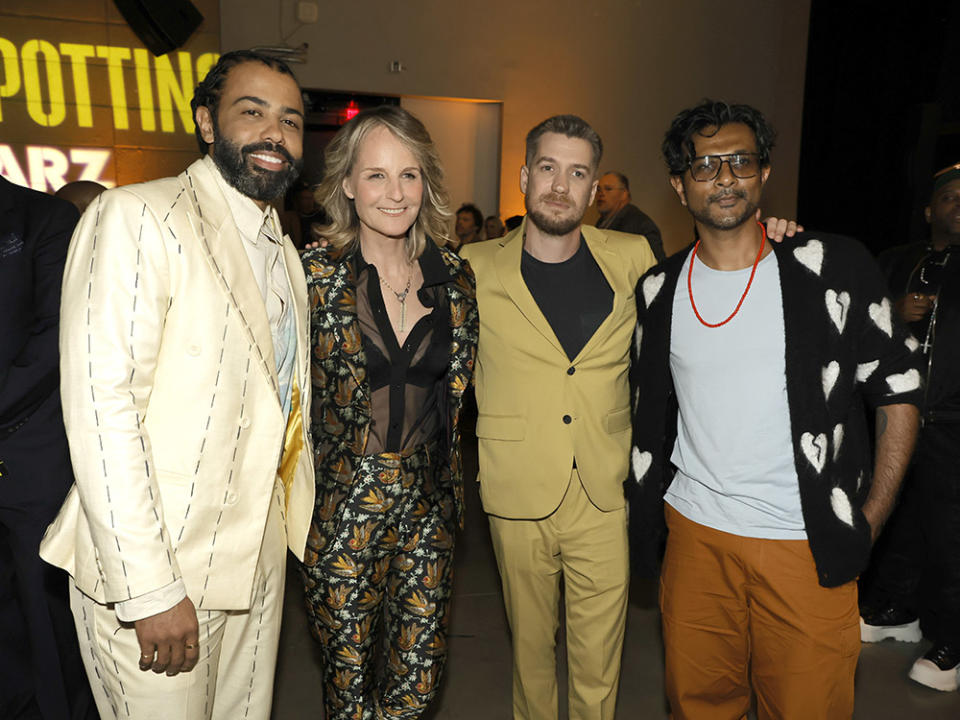 (L-R) Daveed Diggs, Helen Hunt, Rafael Casal and Utkarsh Ambudkar pose at the after party for the premiere of STARZ's "Blindspotting" Season 2 at NeueHouse Hollywood on April 11, 2023 in Hollywood, California.