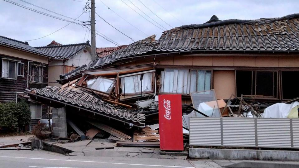 PHOTO: A house is damaged by an earthquake in Wajima, Ishikawa prefecture, Japan, Monday, Jan. 1, 2024.  (Kyodo News via AP)