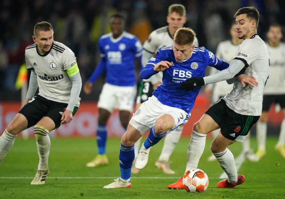 Harvey Barnes and Legia Warsaw’s Mateusz Wieteska (right) battle for the ball (PA) (PA Wire)