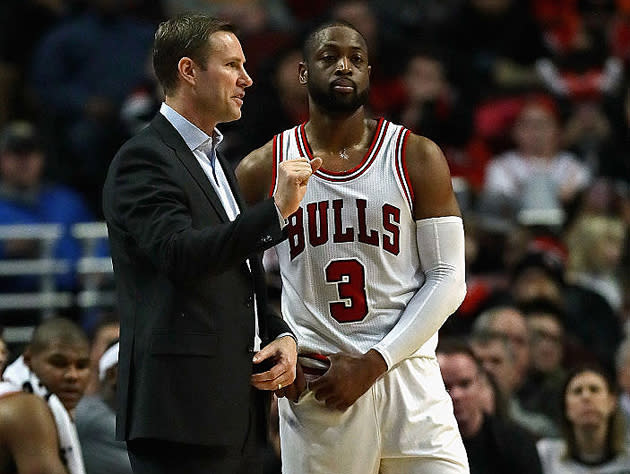 Fred Hoiberg and Dwyane Wade discuss baselines. (Getty Images)
