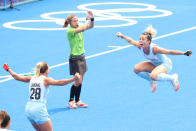 <p>Agustina Albertarrio of Team Argentina celebrates scoring the first goal with Julieta Jankunas during the Women's Quarterfinal match between Germany and Argentina on day ten of the Tokyo 2020 Olympic Games at Oi Hockey Stadium on August 02, 2021 in Tokyo, Japan. (Photo by Alexander Hassenstein/Getty Images)</p> 