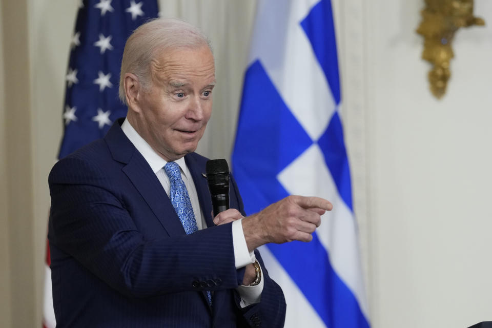 President Joe Biden speaks during a reception in the East Room of the White House in Washington, Wednesday, March 29, 2023, celebrating Greek Independence Day. (AP Photo/Susan Walsh)