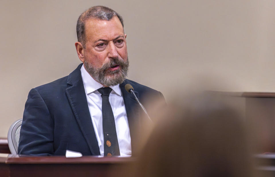 Paul Peter Pesce, a TV and movie director, speaks from the witness stand during the trial for Hannah Gutierrez-Reed, the former armorer at the movie "Rust", at district court on Wednesday, March 6, 2024, in Santa Fe, N.M. (Luis Sánchez Saturno/Santa Fe New Mexican via AP, Pool)