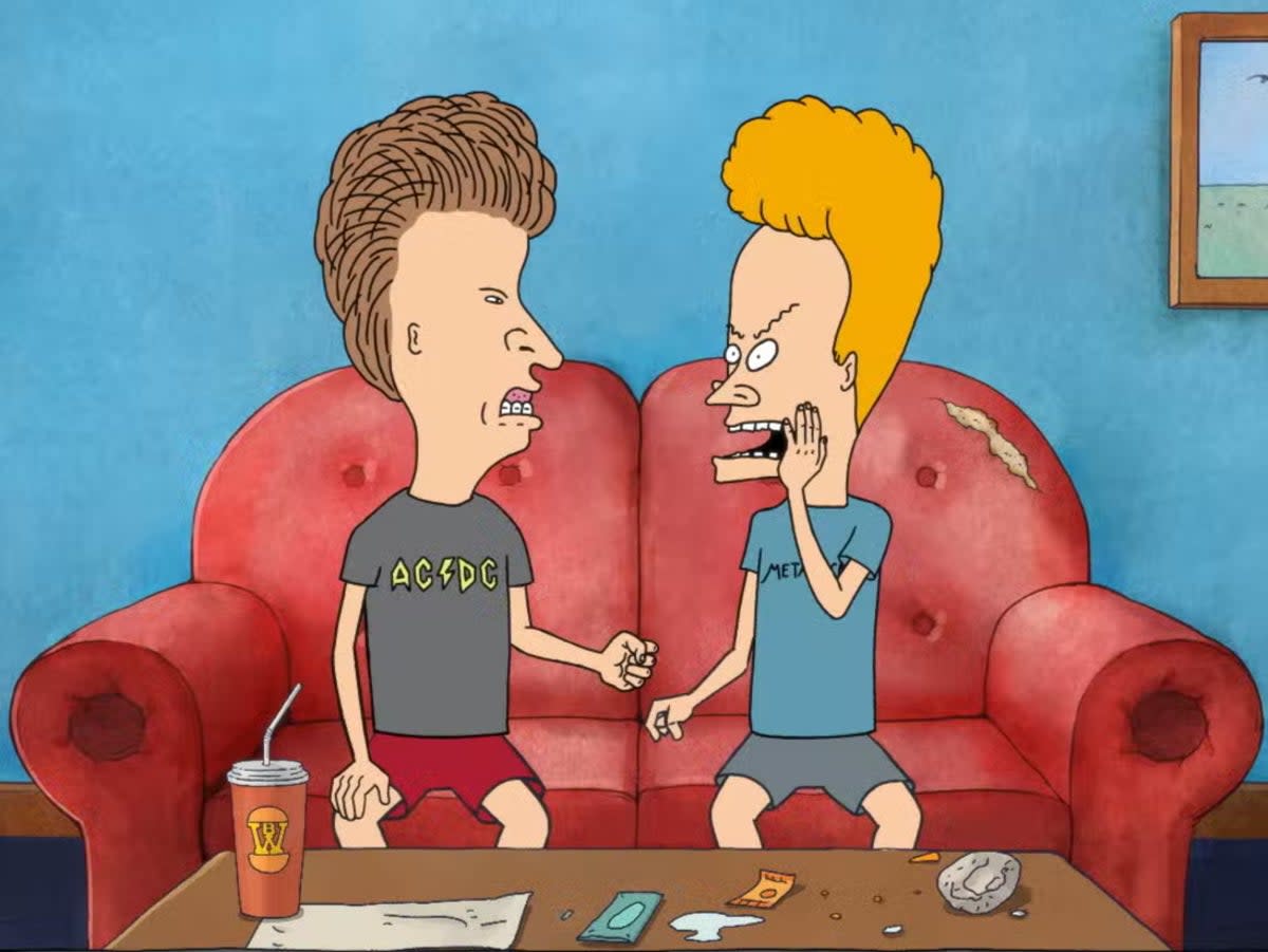 Beavis and Butt-head with the same T-shirts, though the world has changed around them  (MTV/Paramount+)