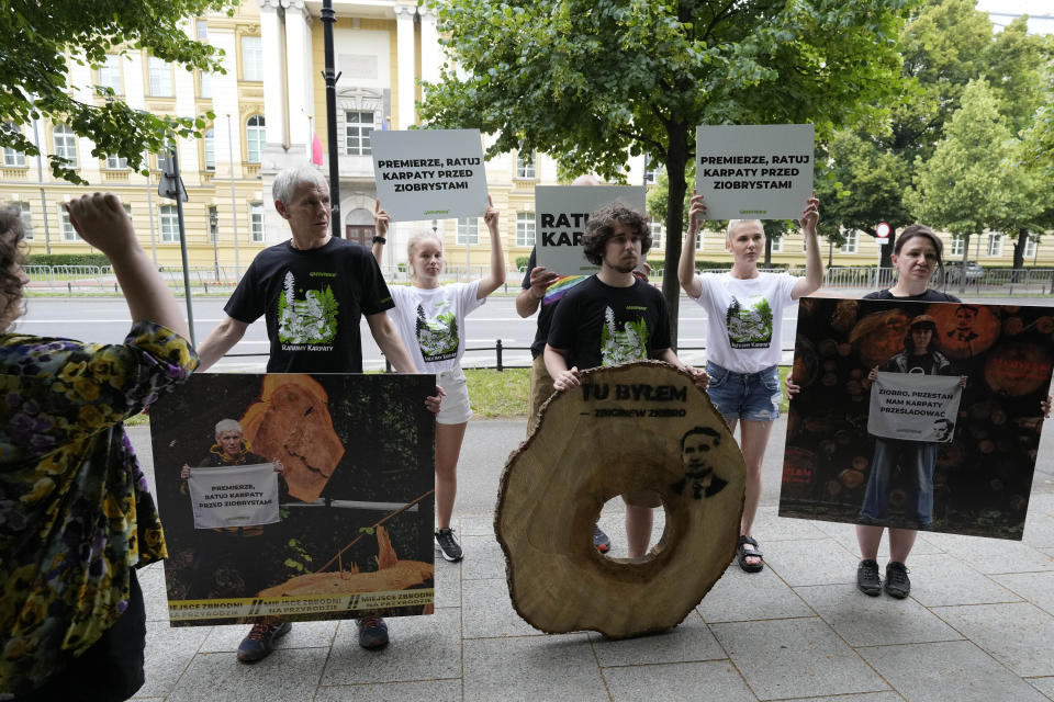 Greenpeace activists hold a news conference in Warsaw, Poland, on Wednesday June 21, 2023 outside the office of the Polish prime minister asking him to act to reduce logging in the Carpathian Mountains. Greenpeace said in a recent report that a forested area the size of five soccer fields disappears every hour from the Carpathians, which runs through parts of Poland, Slovakia, Hungary, Romania and Ukraine. (AP Photo/Czarek Sokolowski)