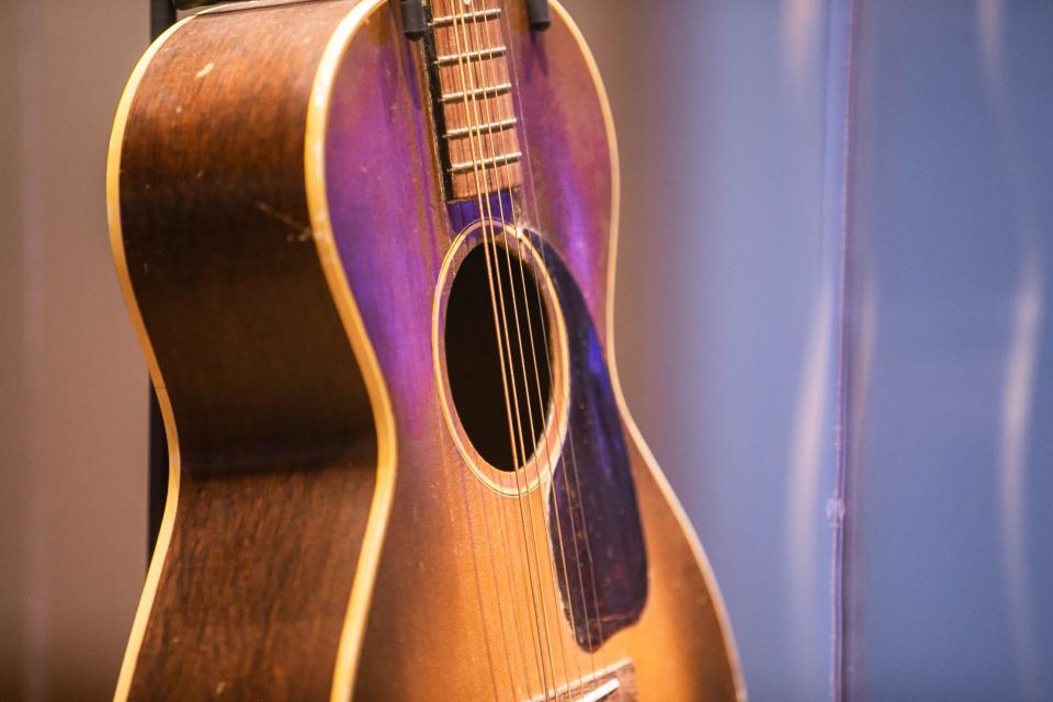 Instruments are put on display at the Woody Guthrie Center in Tulsa on Saturday, May 7, 2022.