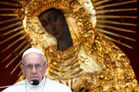 Pope Francis speaks at the Gate of Dawn shrine in Vilnius, Lithuania September 22, 2018. REUTERS/Max Rossi