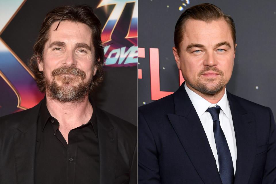 Christian Bale attends the Thor: Love and Thunder World Premiere at the El Capitan Theatre in [Hollywood], California on June 23, 2022.; Leonardo DiCaprio attends the "Don't Look Up" World Premiere at Jazz at Lincoln Center on December 05, 2021 in New York City.