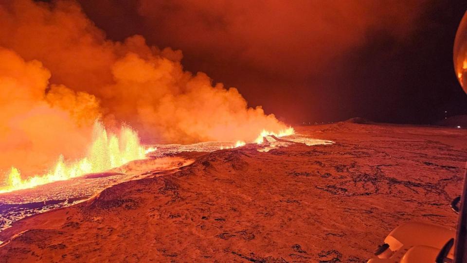 PHOTO: Flowing lava is seen during an eruption on the Reykjanes peninsula 3km north of Grindavik, western Iceland on Dec. 18, 2023.  (Icelandic Meteorological Office)