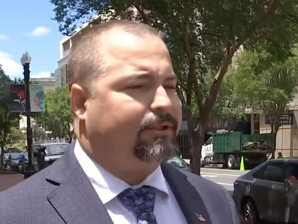 Miles Adkins, Frederick County Public Schools board member, just after his July 2024 sentencing for his role in the Capitol riot (screengrab/NBC News4)