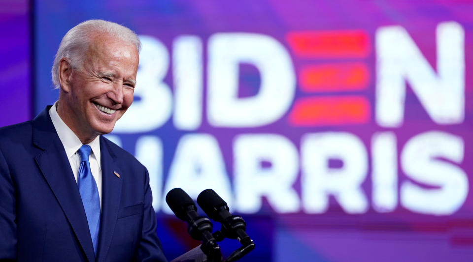 U.S. Democratic presidential candidate Joe Biden reacts to a reporter while speaking about reopening schools amid the coronavirus disease (COVID-19) pandemic, in Wilmington, Delaware, U.S., September 2, 2020. REUTERS/Kevin Lamarque     TPX IMAGES OF THE DAY