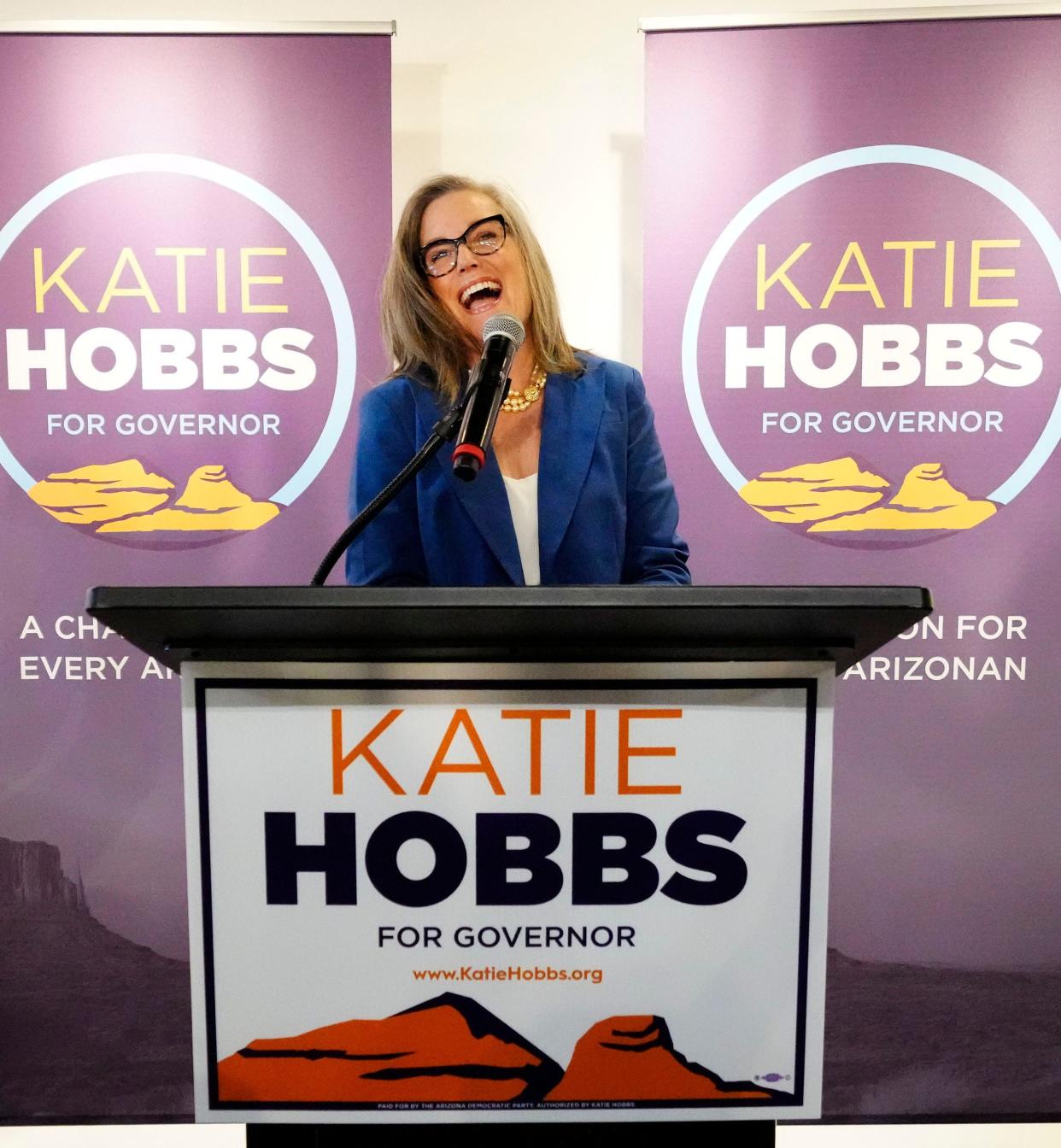 Katie Hobbs, Democratic candidate for Arizona governor declares victory in her race at a press conference in Phoenix on Nov. 15, 2022. Hobbs defeated Republican candidate Kari Lake.