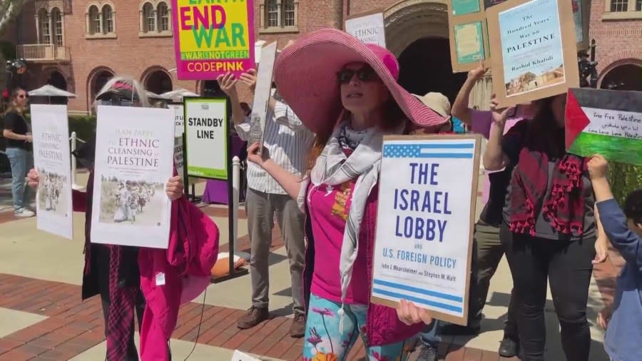 Code Pink co-founder Jodie Evans organized a protest at USC to speak out against the ongoing conflict between Israel and Hamas and to support valedictorian Asna Tabassum on April 21, 2024. (KTLA)