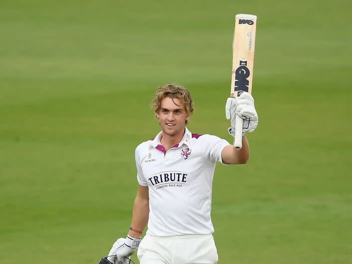 Tom Lammonby of Somerset celebrates reaching his century (Getty)