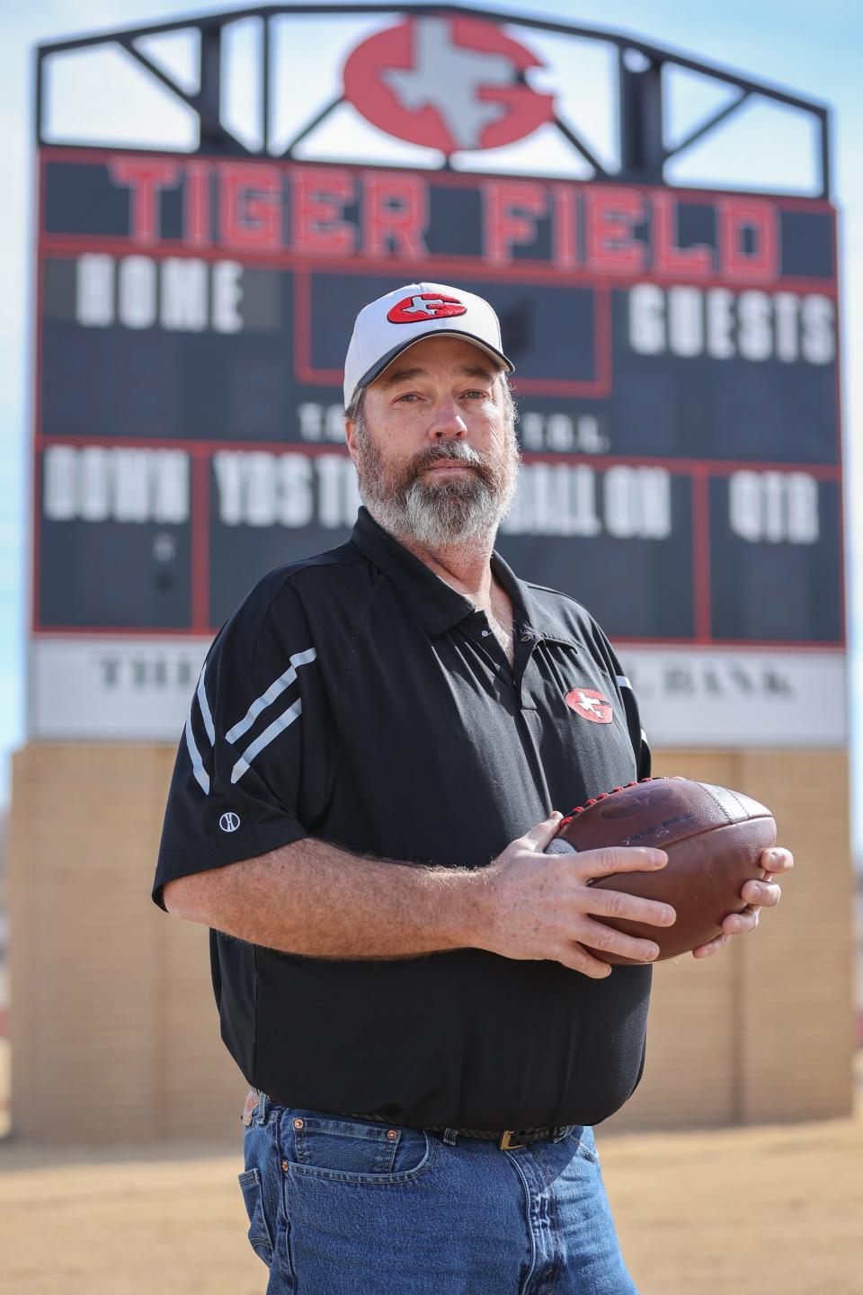 Groom’s Tory Peet was named the Amarillo Globe-News Six-Man Coach of the Year. He’s posing Monday, Jan. 25, 2023 at Tiger Field in Groom, Texas.