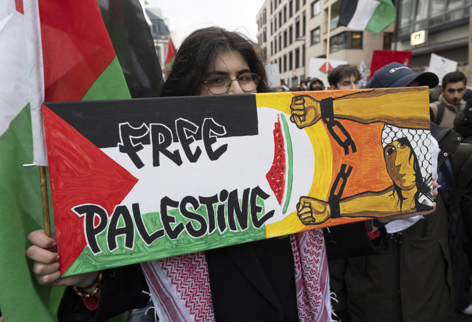 'Free Palestine' is written on a poster during a pro-Palestinian protest rally in Frankfurt, Germany, Saturday, Nov. 25, 2023. The rally was accompanied by a massive police presence. (Boris Roessler/dpa via AP)