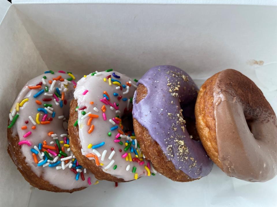 Strawberry sprinkle, blueberry crumble and chocolate glazed doughnuts from Side Door Donuts in Beach Haven.