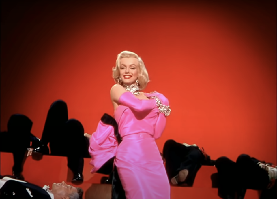 Marilyn Monroe singing "diamonds are a girl's best friend" on a big soundstage, wearing a gorgeous dress and plenty of diamonds, in "Gentlemen Prefer Blondes" (1953)