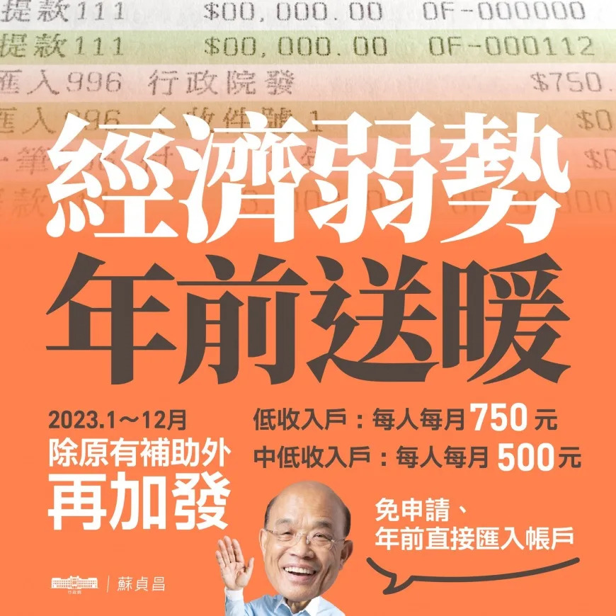 若為中低收入戶，政府將會提供一整年的「加碼發現金」。（圖／翻攝自蘇貞昌臉書）