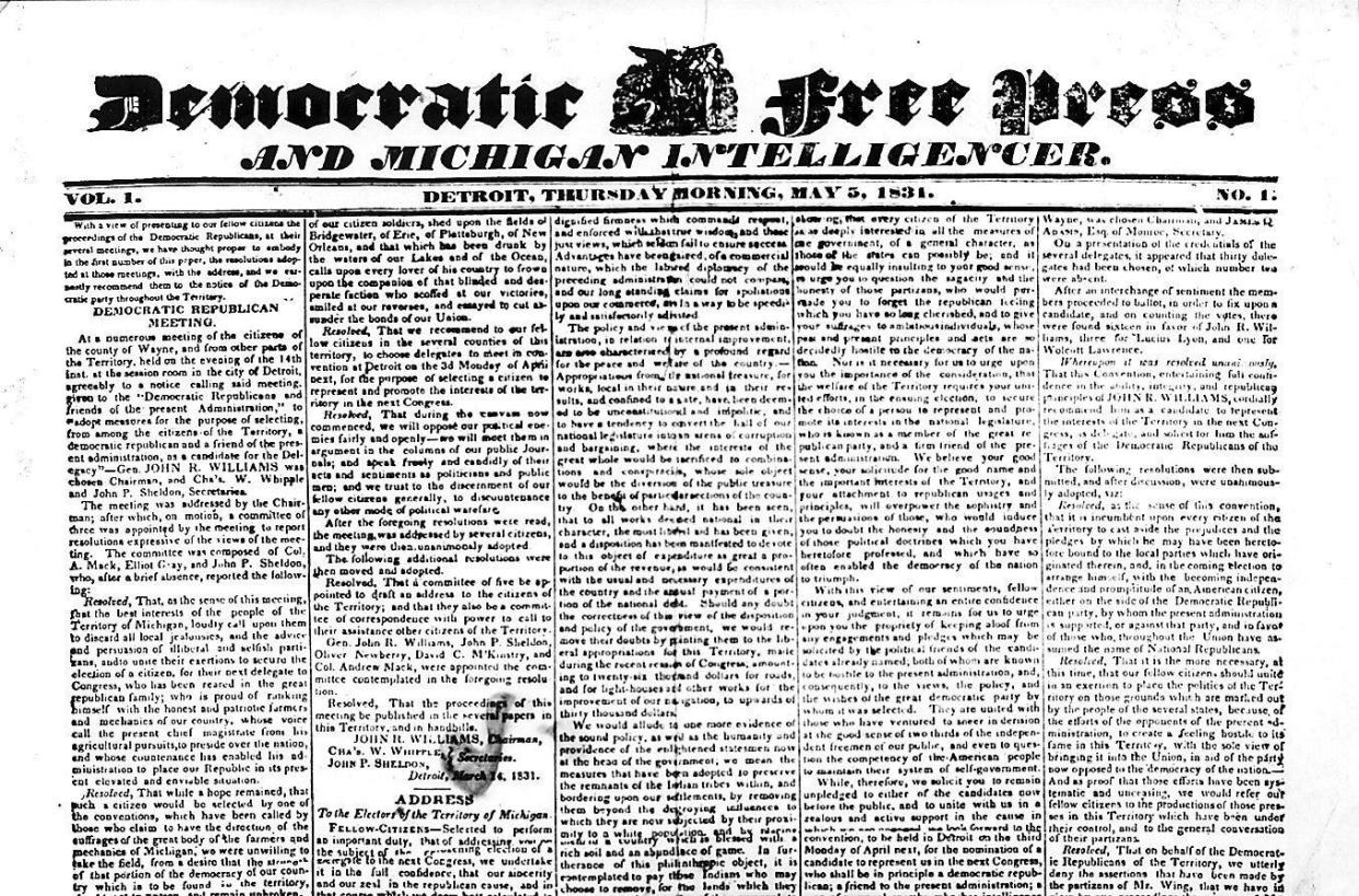 The first Detroit Free Press ever: the May 5, 1831, edition of the Democratic Free Press and Michigan Intelligencer.