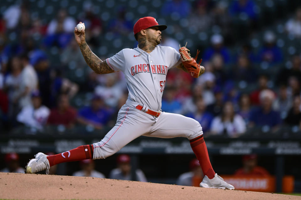 Cincinnati Reds starter Vladimir Gutierrez delivers a pitch during the first inning of the team's baseball game against the Chicago Cubs on Wednesday, Sept. 8, 2021, in Chicago. (AP Photo/Paul Beaty)