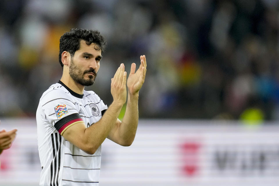 MOENCHENGLADBACH, GERMANY - JUNE 14: Ilkay Guendogan of Germany gestures after the UEFA Nations League League A Group 3 match between Germany and England at Borussia Park Stadium on June 14, 2022 in Moenchengladbach, Germany. (Photo by Alex Gottschalk/DeFodi Images via Getty Images)