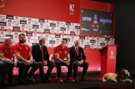 Britain Rugby Union - British & Irish Lions squad announcement for the 2017 tour to New Zealand - Hilton London Syon Park - 19/4/17 British & Irish Lions head coach Warren Gatland with defence coach Andy Farrell, captain Sam Warburton and tour manager John Spencer during the squad announcement Action Images via Reuters / Paul Childs Livepic