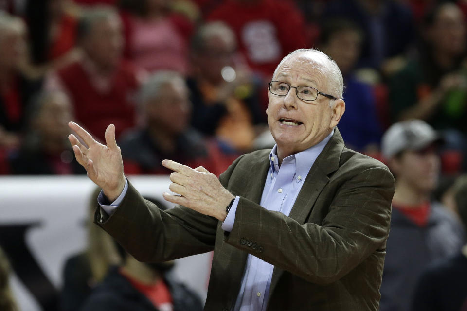 Miami head coach Jim Larranaga directs his players during the first half of an NCAA college basketball game against North Carolina State in Raleigh, N.C., Wednesday, Jan. 15, 2020. (AP Photo/Gerry Broome)