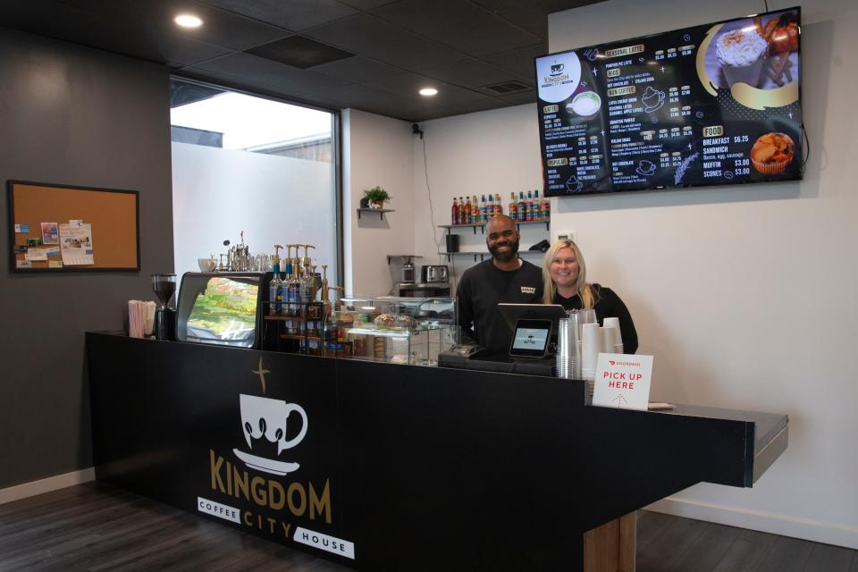 Devin Brown, left, and Recca Brown own the new Kingdom City Coffeehouse in downtown Salem.