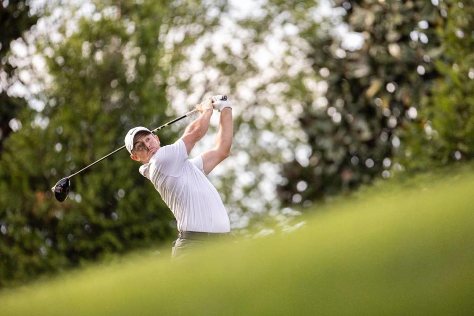 Rory McIlroy hits from the 16th tee during round one of the Wells Fargo Championship at Quail Hollow Club in Charlotte, N.C., on Thursday, May 9, 2024. Khadejeh Nikouyeh/Knikouyeh@charlotteobserver.com