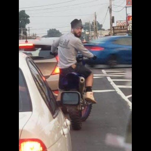 Bensalem police were able to identify this dirt biker rider who was illegally traveling on Street Road and popping wheelies on July 18, 2023 after he stopped for a red light and took off his ski mask, another motorist snapped a photo and sent it to police.