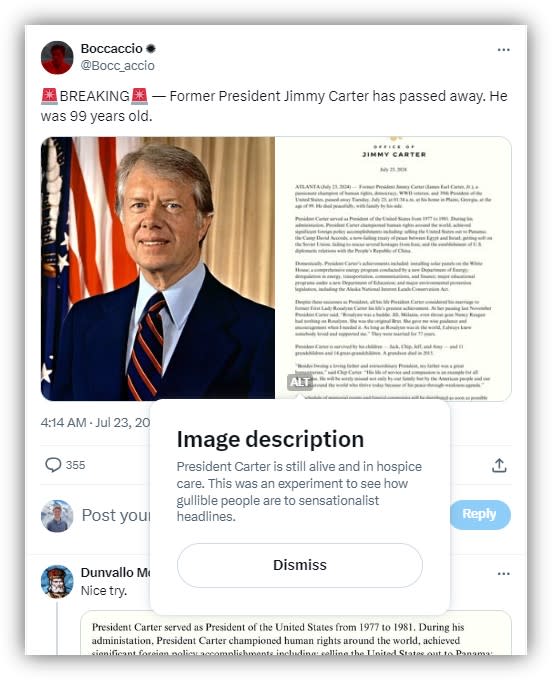 Fake letter sparks Jimmy Carter death hoax