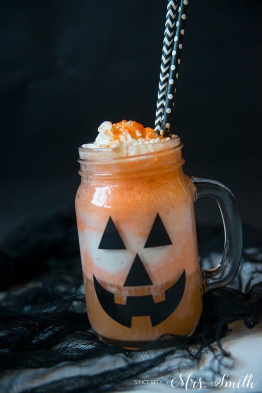 <p>Sincerely Mrs Smith</p><p>This jack-o'-lantern float is tasty for all ages and an adorable halloween drink for any spooky occasion.</p><p><strong>Get the recipe: <a href="https://sincerelymrssmith.com/2018/09/13/freaky-halloween-float/" rel="nofollow noopener" target="_blank" data-ylk="slk:Freaky Halloween Float;elm:context_link;itc:0;sec:content-canvas" class="link ">Freaky Halloween Float</a></strong></p>