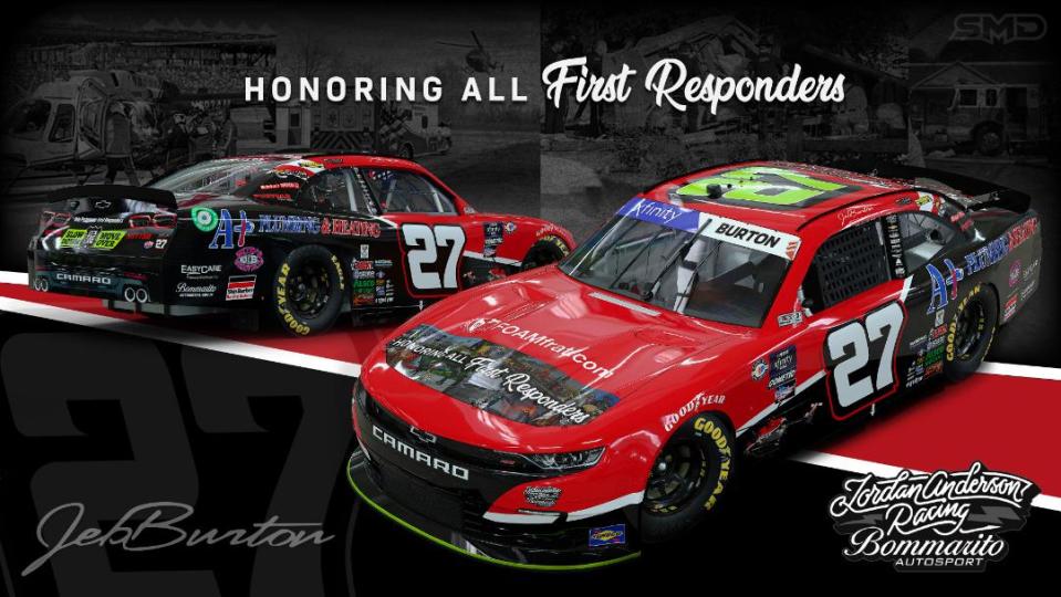 The No. 27 Jordan Anderson Racing Bommarito Autosport Camaro driven by Jeb Burton will honor first responders during the Shriners Children's 200 at The Glen on Aug. 19, 2023 at Watkins Glen International.