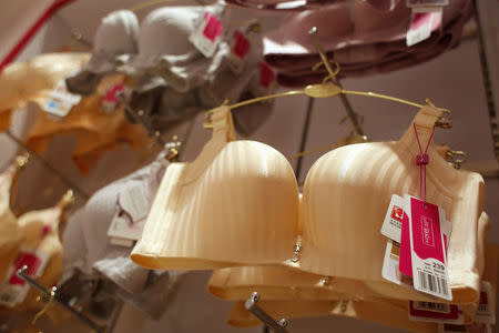 Bras are displayed at Cosmo Lady lingerie store in the southern Chinese city of Shenzhen, China July 15, 2016. Picture taken July 15, 2016. REUTERS/Bobby Yip