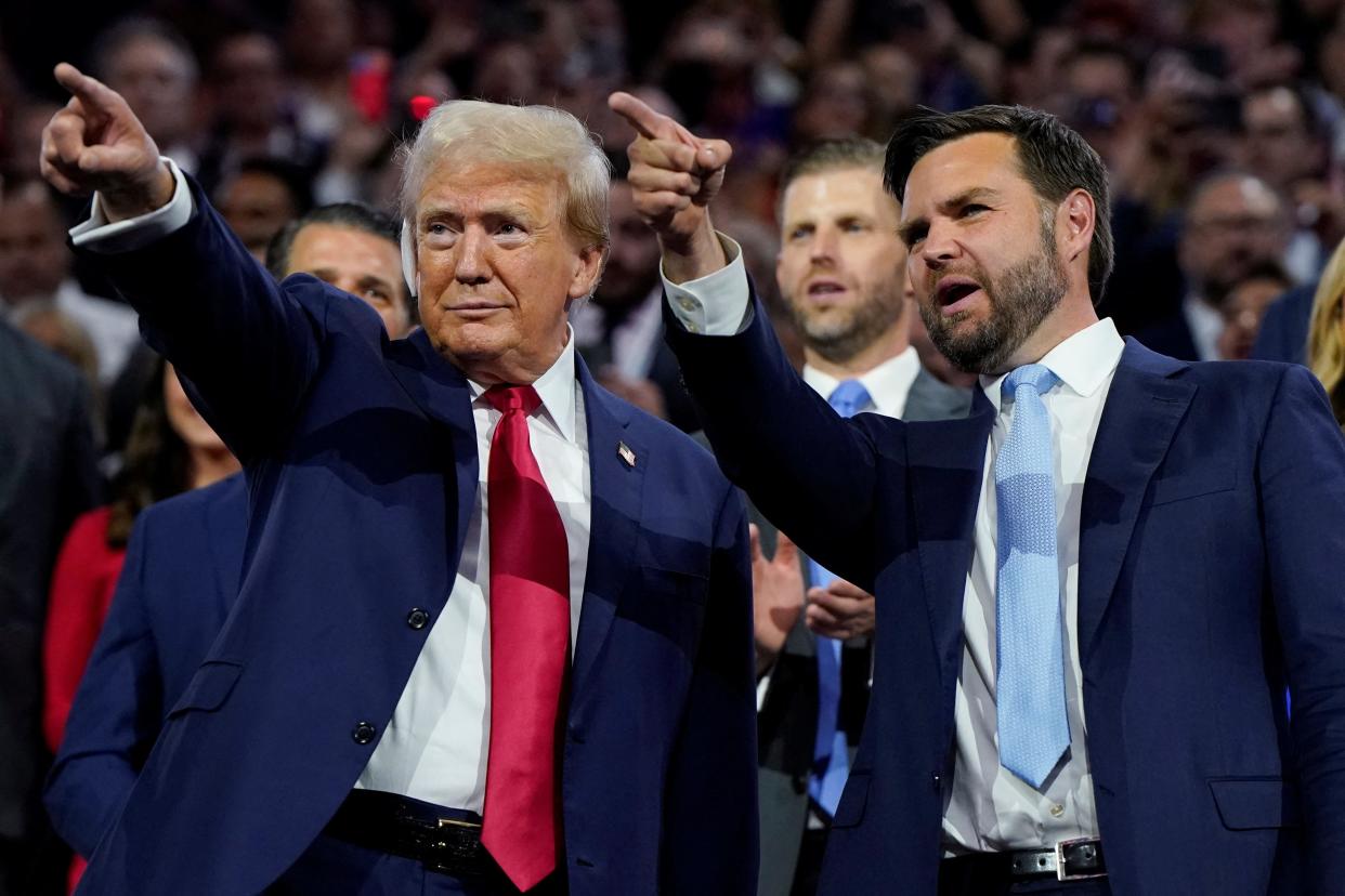 Former President Donald Trump and Republican vice presidential nominee JD Vance at the Republican National Convention in Milwaukee on July 15, 2024.