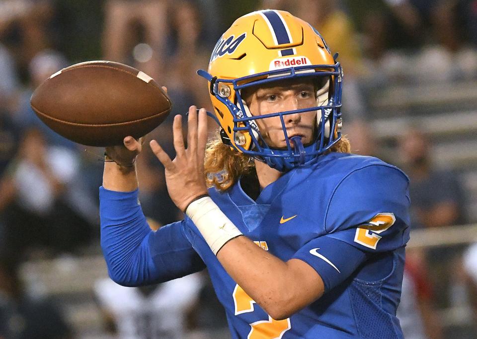 Laney's #2 Kolbe Little passes the ball as Laney took on Cape Fear in High School Football Friday Sept. 8, 2023 at Laney High School in Wilmington, N.C. KEN BLEVINS/STARNEWS