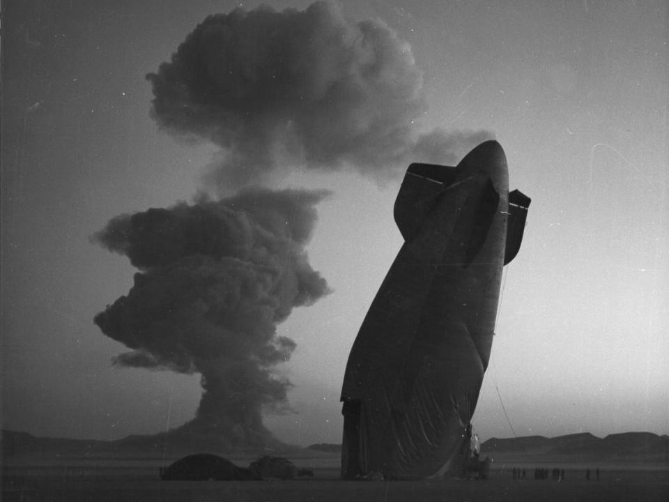 A destroyed Model ZSG-3 airship, photographed 1957 at the Nevada Test Site.