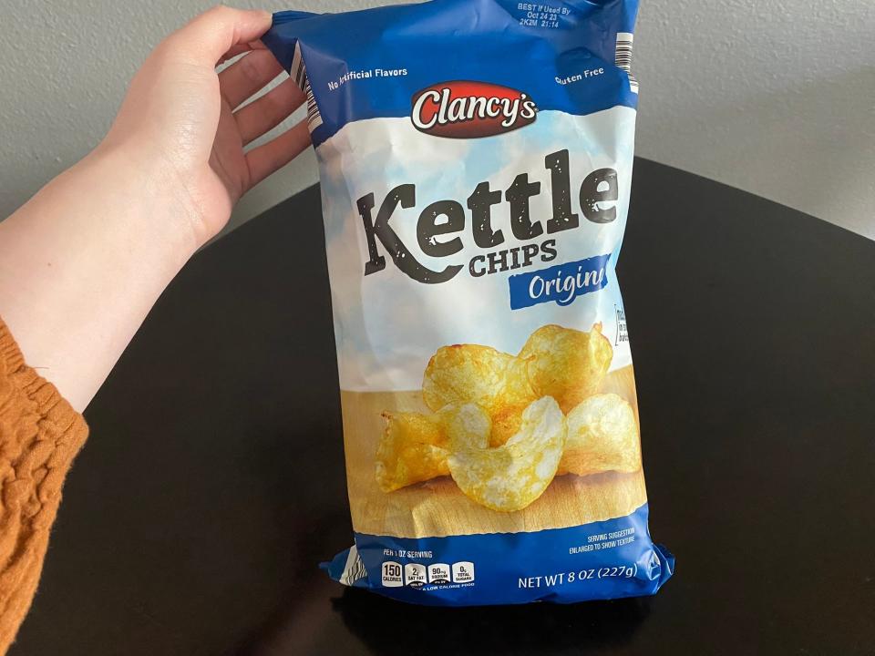 Clancy's kettle chips on a table