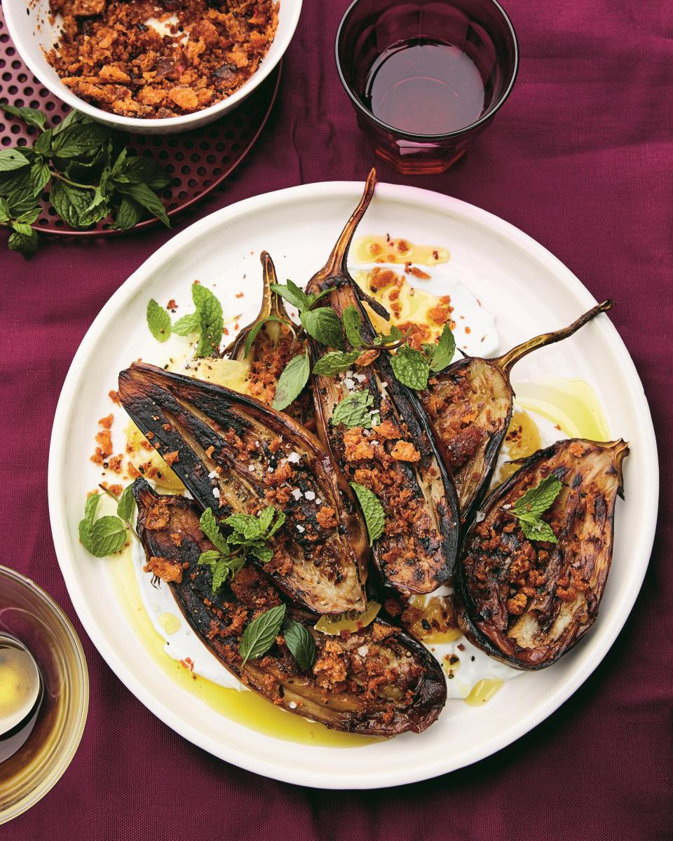 Long-Roasted Eggplant With Garlic, Labne, and Tiny Chile Croutons