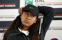 Tennis - WTA Premier 5 - Italian Open - Foro Italico, Rome, Italy - May 17, 2019 Japan's Naomi Osaka during a press conference after withdrawing from her quarter final match against Kiki Bertens of Netherlands due to injury REUTERS/Matteo Ciambelli