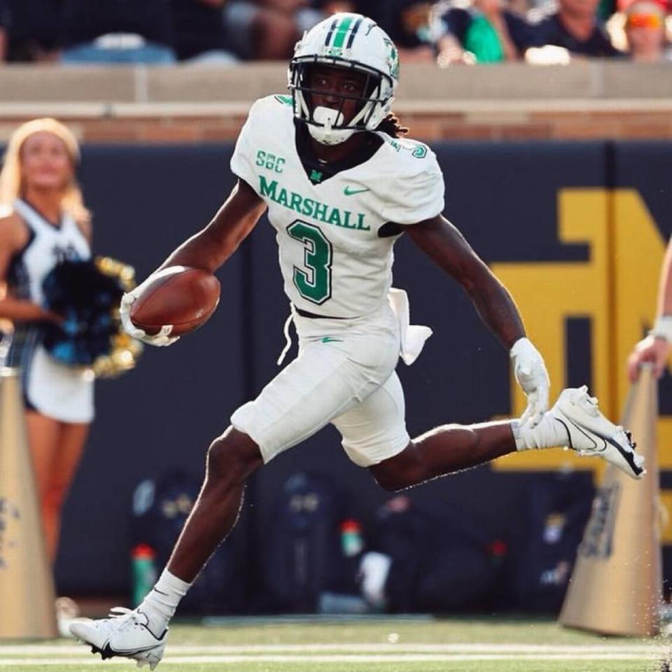 Steven Gilmore Jr. 37-yard pick-six off Notre Dame quarterback Tyler Buchner gave Marshall a 26-15 lead in the Thundering Herd’s upset win against the No. 8 Fighting Irish.