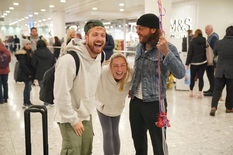 Sam Thompson's best friend Pete Wicks was also pictured returning to the UK (PA)