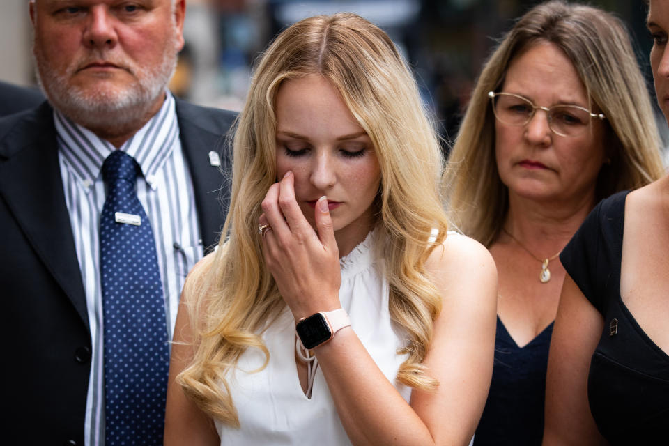 Lissie Harper, the widow of Pc Andrew Harper, outside the Old Bailey in London, after driver Henry Long, 19, who dragged Pc Andrew Harper to his death, was found not guilty of murder but had earlier pleaded guilty to manslaughter and his passengers Jessie Cole and Albert Bowers, both 18, were cleared of murder but found guilty of manslaughter. (Photo by Aaron Chown/PA Images via Getty Images)