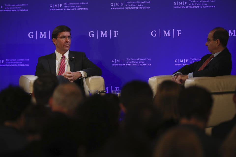 U.S. Secretary for Defense Mark Esper participates in a panel discussion during an event at the Concert Noble in Brussels, Thursday, Oct. 24, 2019. U.S. Secretary for Defense Mark Esper spoke at the event ahead of a two-day NATO defense ministers meeting which will be held at NATO headquarters in Brussels. (AP Photo/Francisco Seco, Pool)