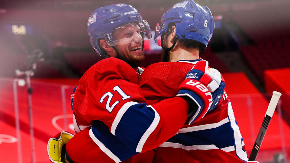 MONTREAL, QC - APRIL 05: Montreal Canadiens center Eric Staal (21) celebrates his goal with Montreal Canadiens defenceman Shea Weber (6) during the Edmonton Oilers versus the Montreal Canadiens game on April 5, 2021, at Bell Centre in Montreal, QC (Photo by David Kirouac/Icon Sportswire via Getty Images)