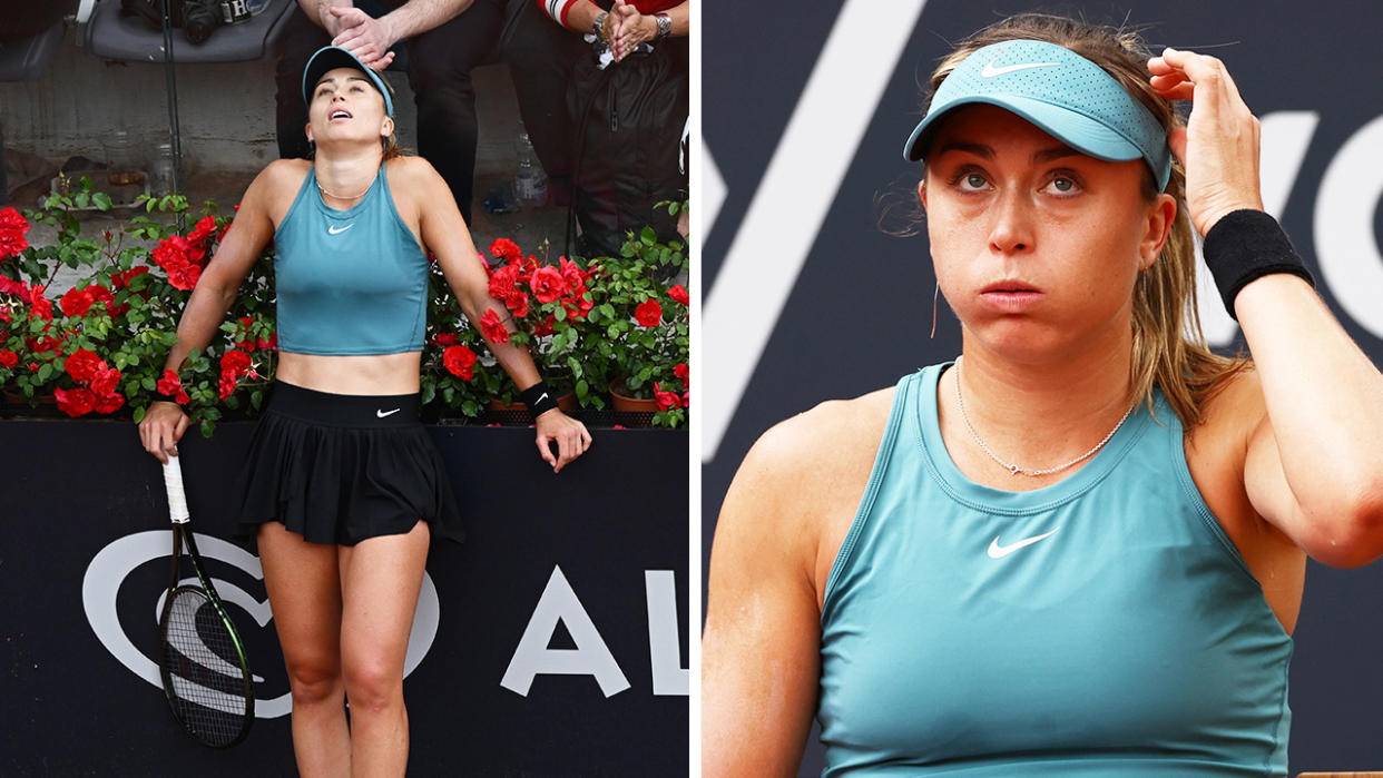 Paula Badosa rests during a match and Badosa reacts.