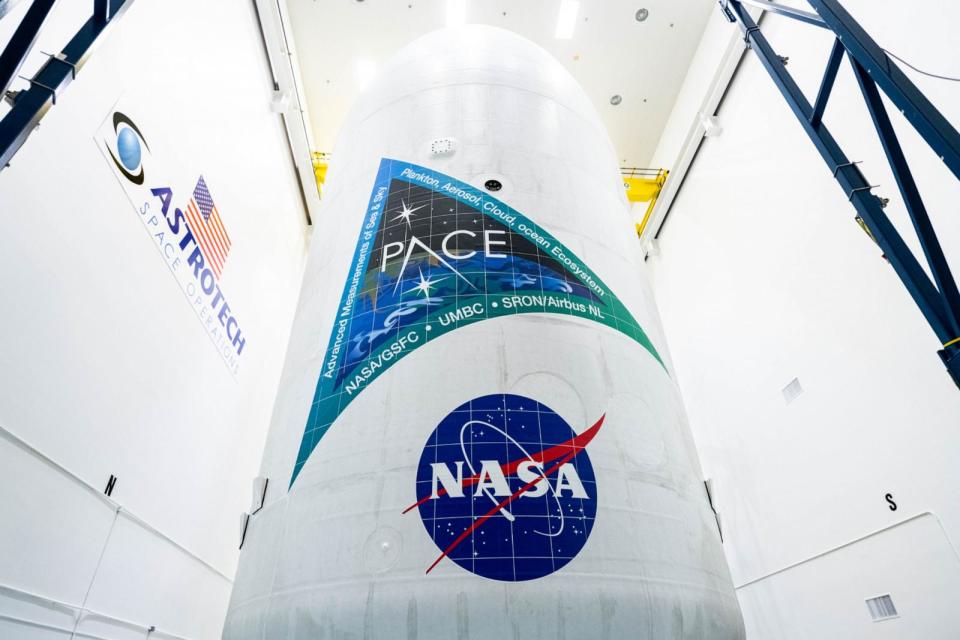 PHOTO: NASA and SpaceX technicians safely encapsulate NASA's PACE spacecraft in Space's Falcon 9 payload fairings on Jan. 30, 2024, at the Astrotech Space Operations Facility near the agency's Kennedy Space Center in Fla.  (Katie Mellos/NASA Goddard)