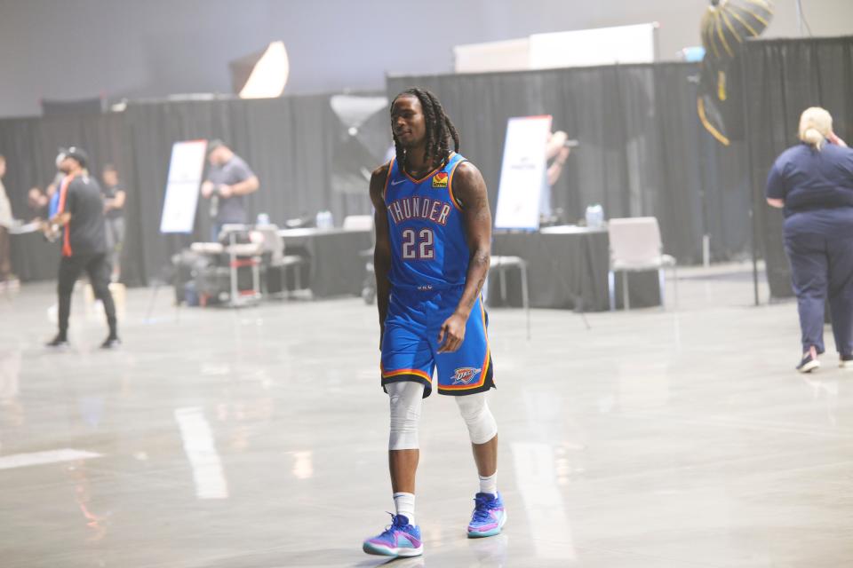 Cason Wallace (22) moves to a new station at Thunder Media Day, held in the Oklahoma City Convention Center on Monday, Oct. 2, 2023.